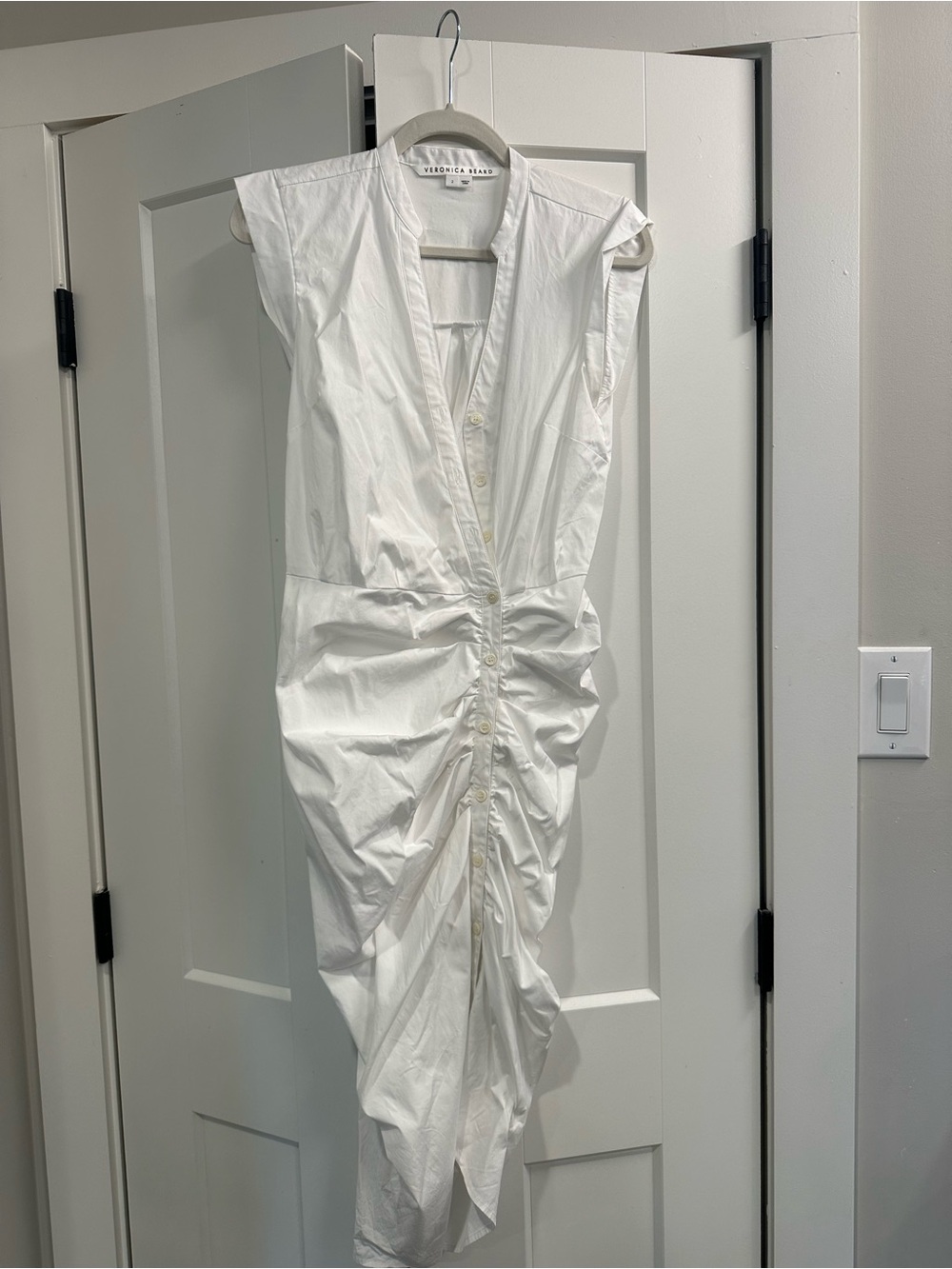 Veronica Beard White Ruched Button-Front Midi Dress